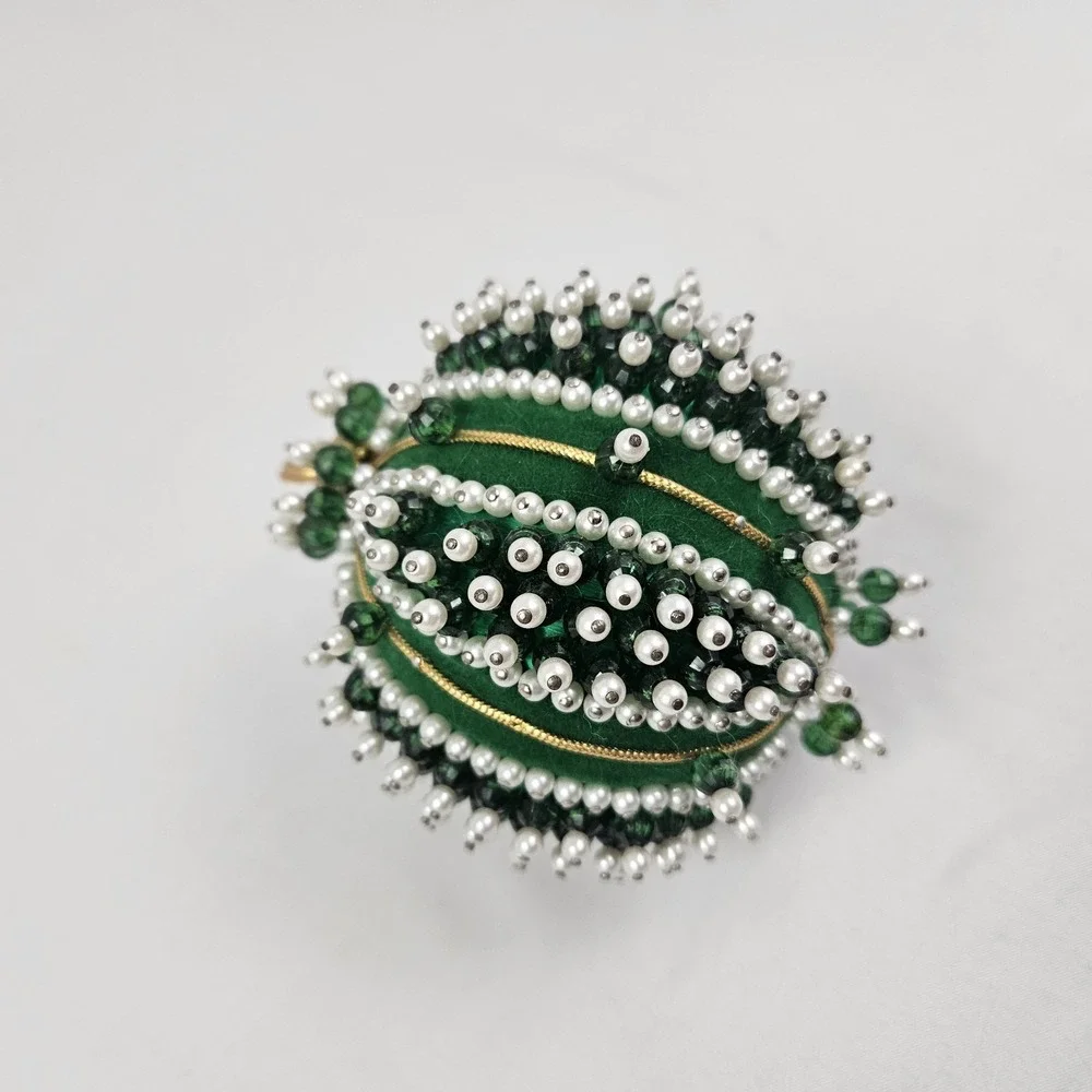 Vintage Satin Velvet Beaded Sequin Push Pin Christmas Tree Ornament Green